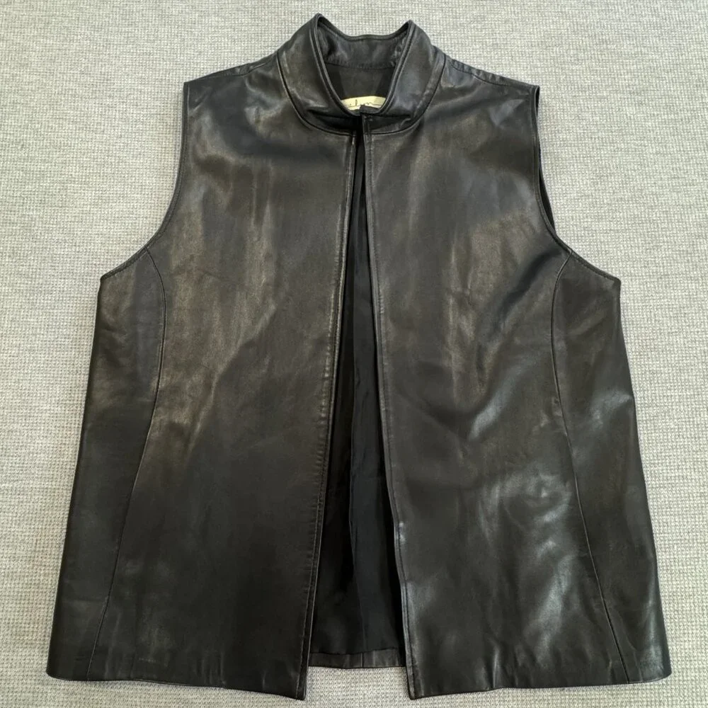 Sibylle Lyn Womens Black Leather Vest Mock Neck Lined Custom Size Spec Biker - Picture 1 of 11